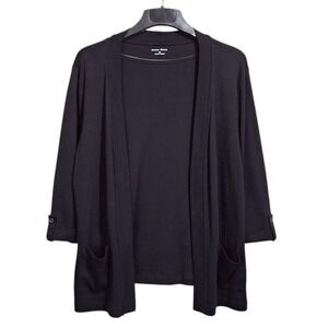 Studio Works Cardigan Womens Medium Black Cotton 3/4 Sleeve Open Front Pockets